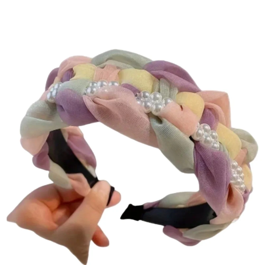 Faux pearl wide braided color block headband hair accessories